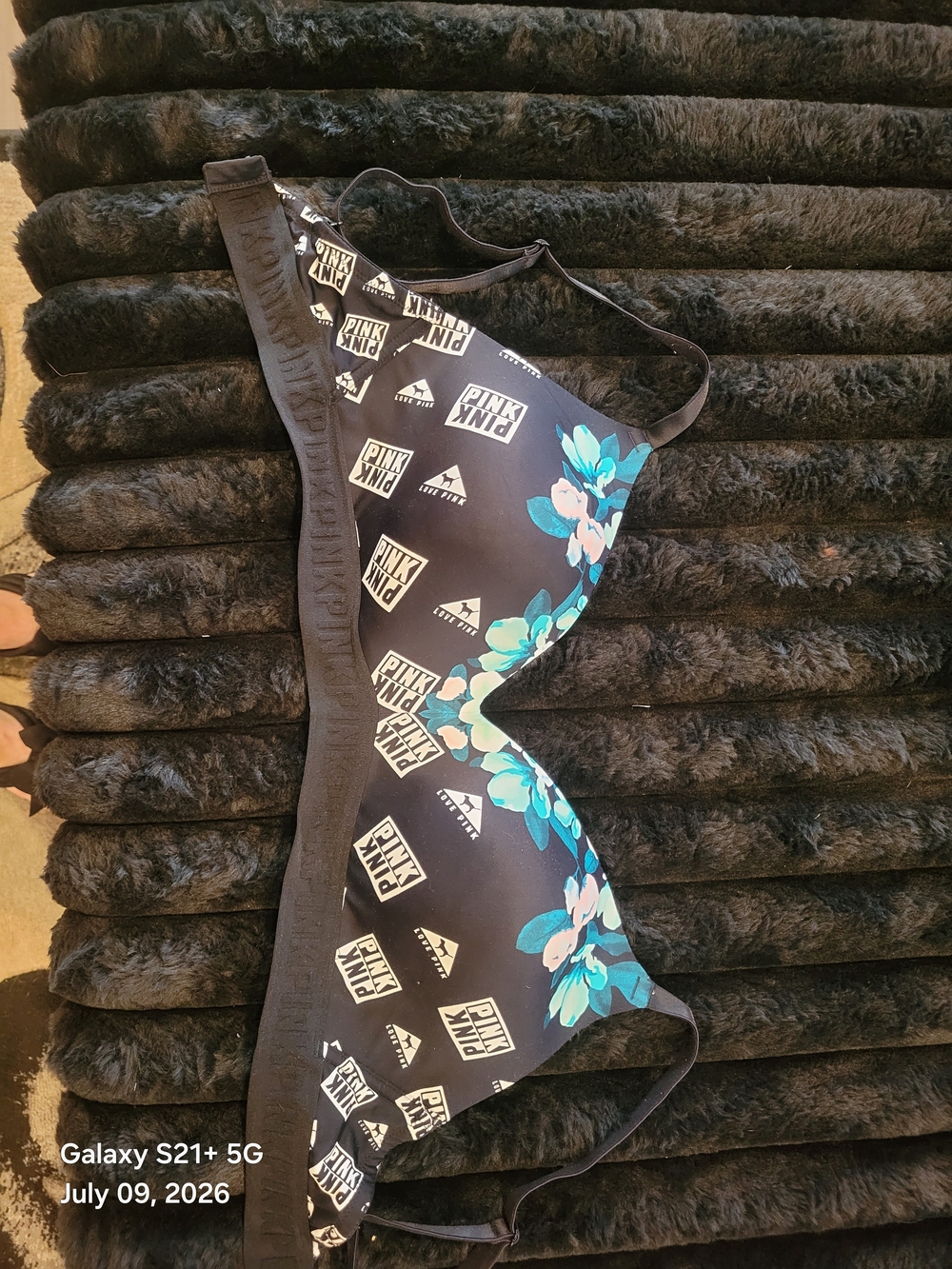PINK Victoria's Secret Black Bra with Teal Floral Print